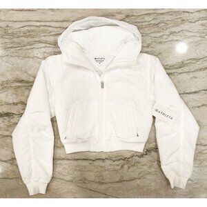 Athleta: Lucent Jacket with hood, white, XS, cropped style. NWT